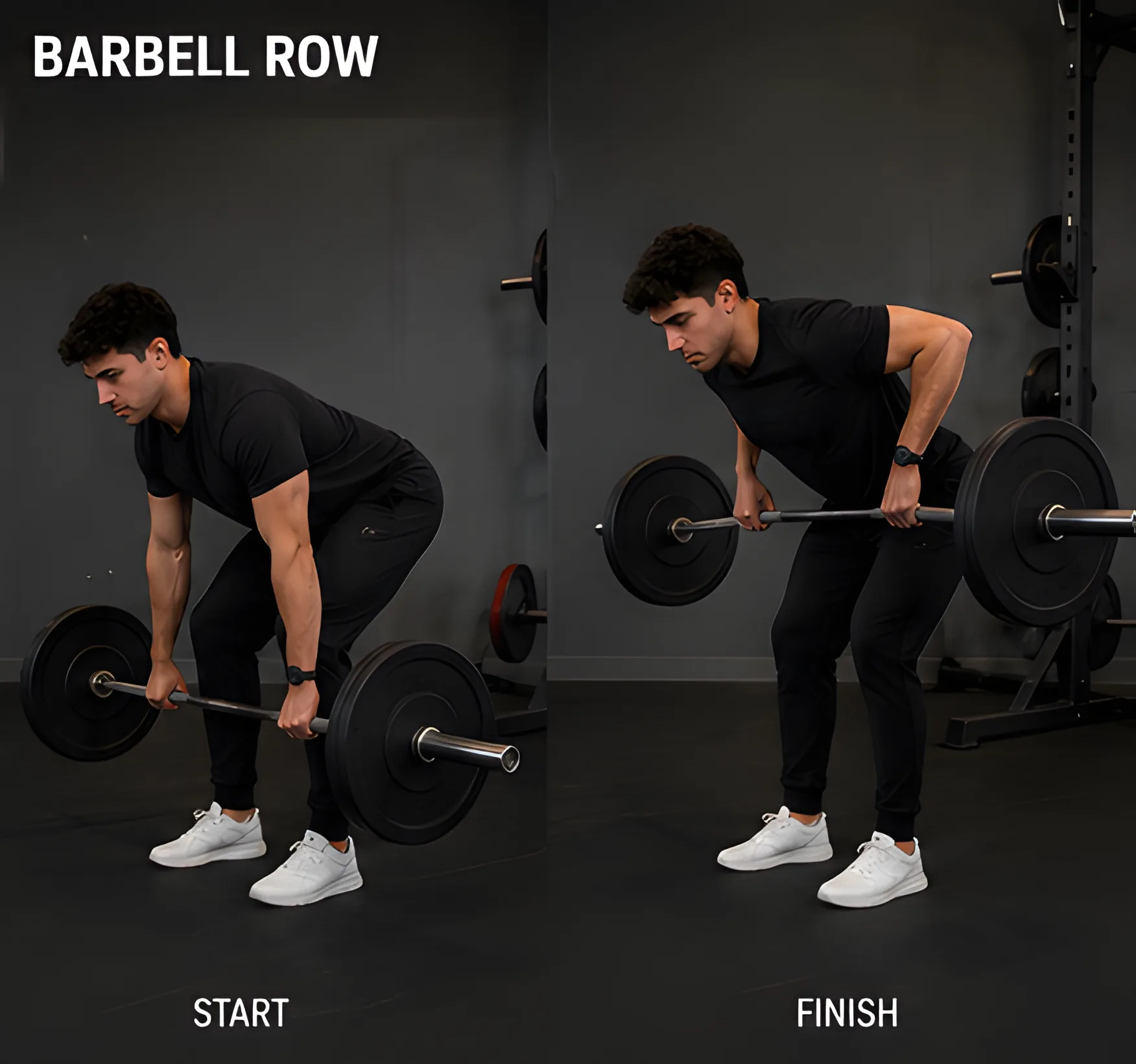 Barbell row demonstration — start and finish positions