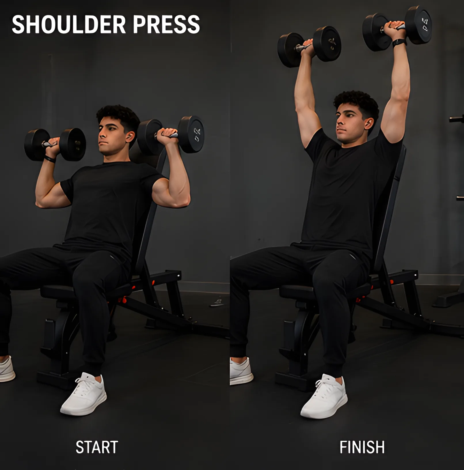 Shoulder press demonstration — start and finish positions