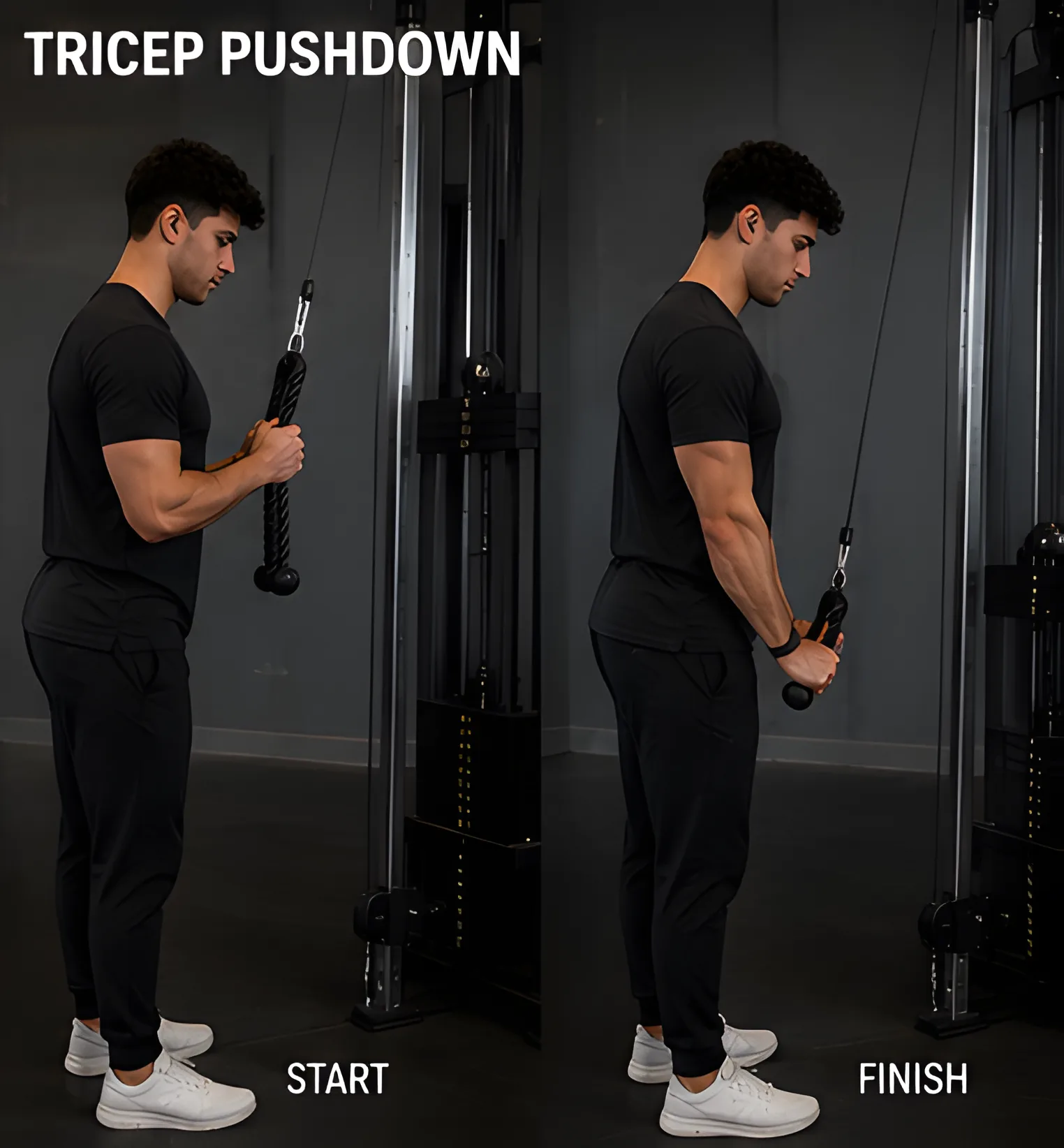 Tricep pushdown demonstration — start and finish positions